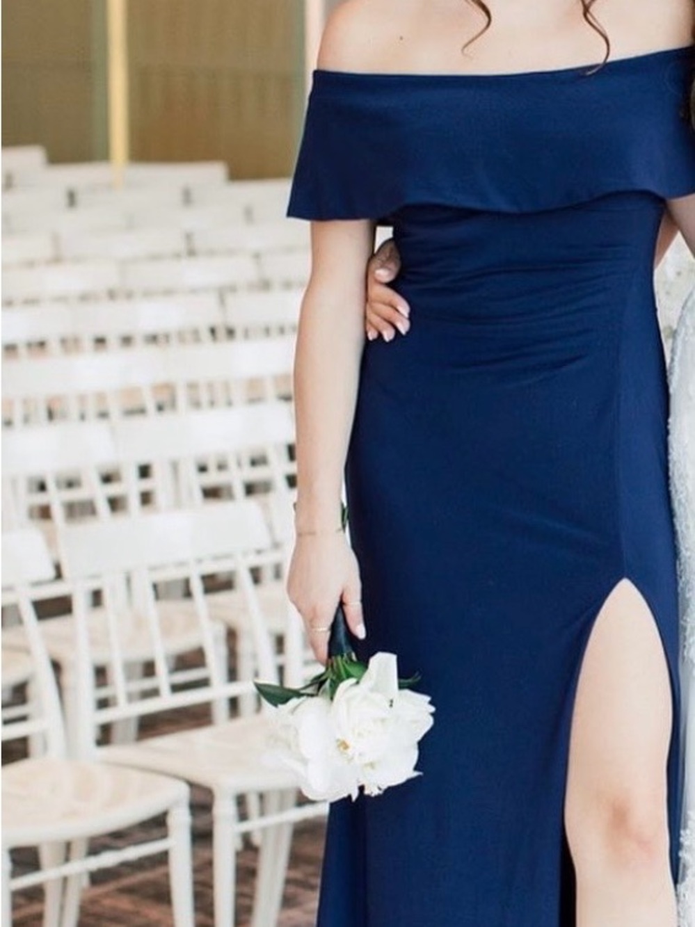 Xscape navy dress size 2 high slit ruched back